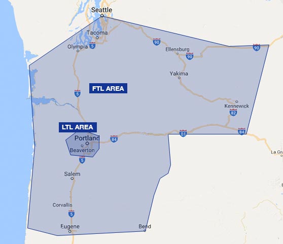 Bridgetown Trucking and Warehouse in Portland, OR Map of Bridgetown Trucking Portland's service area in Oregon and Washington for FTL and LTL trucking