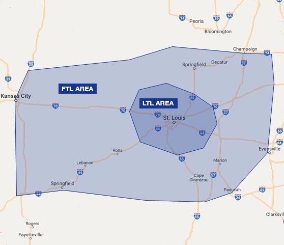 Bridgetown Trucking and Warehouse in St. Louis, MO Map of Bridgetown Trucking's service area in St. Louis, Missouri for FTL and LTL trucking